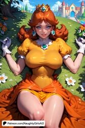 ai_generated big_breasts bimbo blue_eyes breasts brooch brown_hair castle crown daisy day dress earrings female field flower flower_earrings flower_field gloves grass jewelry large_breasts lips long_hair looking_at_viewer lying mario_(series) naughtygirlsa nintendo nintendo_switch on_back on_ground orange_dress orange_hair outdoors patreon_username princess_daisy puffy_sleeves smile solo watermark web_address white_flower white_gloves yellow_dress