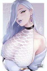 alternate_costume bare_shoulders blue_hair blue_lips blue_nipples breasts colored_nipples earrings fate/grand_order fate_(series) female head_tilt hoop_earrings huge_breasts jewelry large_areolae long_hair long_tongue looking_at_viewer nipples olchas omi-san_(fate) seductive_smile see-through_clothes smile solo split_mouth tongue yellow_eyes