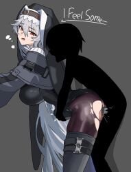 1boy 1girls :o against_wall arknights ass bigger_female black_legwear black_pantyhose boots clothed dressed english_text faceless_male grey_background hair_between_eyes hugging_from_behind legwear long_hair looking_back nun nun_outfit pantyhose red_eyes sex smaller_male specter_(arknights) standing standing_sex stomach_bulge straight taken_from_behind text thick_thighs thighs torn_legwear torn_pantyhose vaginal_penetration vaginal_penetration vaginal_sex very_long_hair white_hair witchrosemary