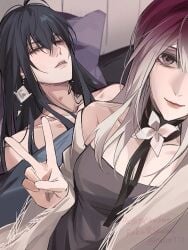 after_sex bed bedroom bedroom_sex black_hair clothed clothed_sex clothes clothing drained earrings female female_focus female_only implied_sex long_hair miix777 path_to_nowhere rahu_(path_to_nowhere) shalom_(path_to_nowhere) tired tired_look yuri