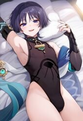 1boy ai_generated armpits blue_eyes blue_hair bulge bulge_through_clothing erection erection_under_clothes femboy genshin_impact leotard looking_at_viewer lying makeup male male_only on_bed pillow scaramouche_(genshin_impact) slim_waist thighs twink