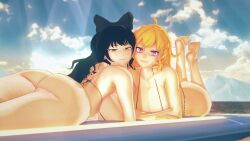 2girls bikini bikini_bottom bikini_top black_hair black_hair_female blake_belladonna blonde_female blonde_hair canon_couple purple_eyes rwby stormstriker yang_xiao_long yellow_eyes yuri