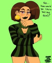 1female 1girls bags_under_eyes brown_hair dopeisnukat female female_only gold_jewelry green_fingernails green_jewelry green_lipstick older_female original original_character red_eyes sfw short_hair suit tracy_ford_(dopeisnukat)