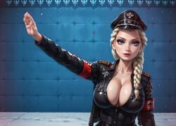 1girls ai_generated armband belt blonde_hair blue_eyes bodysuit braid breasts cleavage disney earrings elsa_(frozen) eyeliner eyeshadow female freckles frozen_(film) german human iron_cross large_breasts light-skinned_female light_skin lipstick makeup military_uniform nazi roman_salute schutzstaffel single_braid standing voluptuous