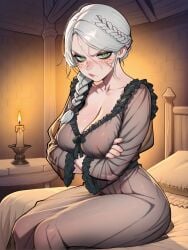 ai_generated angry_face bed bedroom big_breasts braid breasts cd_projekt_red ciri female freckles green_eyes light-skinned_female lingerie looking_at_viewer mascara night nightie philon scar solo solo_female the_witcher_(series) the_witcher_4 white_hair