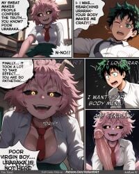 1boy ai_assisted ai_generated angry black_sclera blush breasts character_name cleavage comic cowgirl_position d: english_text engrish_text female horns indoors izuku_midoriya large_breasts long_sleeves looking_at_viewer manga messy_hair midoriya_izuku mina_ashido multiple_views my_hero_academia necktie no_bra one_eye_closed open_mouth penis pink_hair pink_skin pov ranguage red_eyes school_uniform shirt short_hair smile speech_bubble straight table teeth tongue tongue_out u.a._school_uniform uncensored velianthart watermark yellow_eyes