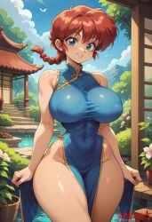 ai_generated athletic_female bare_thighs blue_eyes braided_ponytail gigantic_breasts huge_breasts huge_thighs japanese_clothes kosmos1s light-skinned_female light_skin massive_breasts ranma-chan ranma_1/2 ranma_saotome red_hair solo_female squatting sweat sweatdrop thick_body thick_female thick_thighs thighs voluptuous voluptuous_female