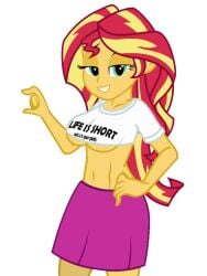 alternate_version_available bedroom_eyes belly_button big_breasts breasts clothing edit equestria_girls female flashequestria miniskirt my_little_pony shirt short_shirt show_accurate simple_background skirt small_penis_humiliation solo sunset_shimmer transparent_background underboob