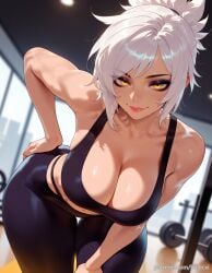 ai_generated balecxi bare_shoulders black_sports_bra blurry blurry_background cleavage eyeshadow female gym indoors large_breasts league_of_legends leaning_forward looking_at_viewer makeup pants riven smile solo sports_bra sweat thighs white_hair yellow_eyes yoga_pants