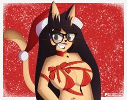 1furry 1girls black_hair black_lips black_lipstick black_nose breasts cat_ears cat_tail catgirl christmas christmas_clothing christmas_hat christmas_outfit facuwu696art facuwu_(facuwu696art) feline female female_only fur furry furry_female furry_only glasses hazbin_hotel helluva_boss lingerie lipstick original_character original_characters piercing smile vivienne_medrano vivziepop