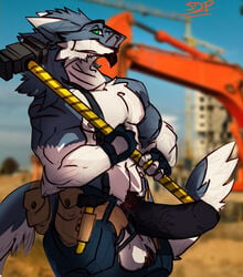 absurd_res anthro balls big_penis djpuppeh erection fur hi_res looking_at_viewer male muscular muscular_male penis pubes sergal smile solo vein veiny_penis