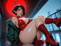 ai_generated antlers black_hair blush elf_ears eye_contact female flirty pixie_cut provocative_pose red red_eyes seductive_expression short_hair smile suggestive sultry teasing usebackdooronly zombiegamerist