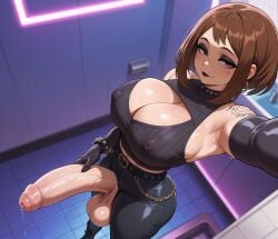 ai_generated arm_up armpits big_ass big_balls big_breasts big_penis black_lipstick bracelet brown_eyes brown_hair futa_only futanari goth goth_futa goth_mommy gothic latex latex_pants my_hero_academia nipples nipples_visible_through_clothing ochako_uraraka precum precum_drip rubbing shadyfox smile smiley_face sweat sweating sweaty_armpit sweaty_body sweaty_breasts uraraka_ochako