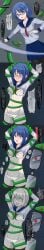 blue_eyes blue_hair breast_biting corruption eyes_change_color female_only japanese_text medusa naked_female petrification red_eyes sailor_uniform setukakouka torn_clothes translation_request twitter underwear