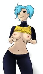 1girls bed big_breasts bigger blue_hair breasts female half head huge laying leggins light light-skinned nude oc original_character out pale_skin red skin smiling teasing than top topless yellow_eyes