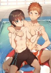 2boys gay gay_male joro_(oresuki) kisaragi_amatsuyu lifebuoy male_on_male ore_wo_suki_nano_wa_omae_dake_ka_yo sun-chan_(oresuki) swimming_pool swimsuit swimwear taiyo_oga variant variant_set yaoi