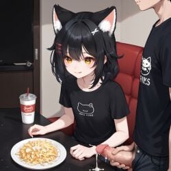 1boy 1girls ai_generated cat_ears catgirl cum cum_in_food eating_cum eating_food female female female inkapurinka koicorp licking_lips masturbation virtual_youtuber vtuber yellow_eyes