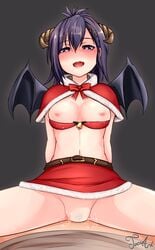 artist_name asymmetrical_bangs bangs beltskirt blush bow bra bra_pull breasts capelet christmas cowgirl_position deep_insertion demon_girl demon_horns demon_wings female gabriel_dropout hair_ornament hairclip heart heart-shaped_pupils highres horns joosi looking_at_viewer medium_breasts miniskirt nipples nose_blush open_mouth pov pubic_hair purple_eyes purple_hair pussy_juice red_bow red_bra red_skirt sex short_hair skirt solo_focus spread_legs straddling symbol-shaped_pupils tsukinose_vignette_april uncensored underwear vaginal_penetration wings x_hair_ornament