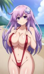 1girls ai_generated beach bikini d-pad_hair_ornament large_breasts long_hair nepgear neptunia_(series) purple_eyes purple_hair sling_bikini smile