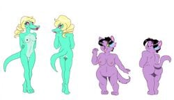 2017 alligator anthro areola ass big_breasts black_hair bratty_(undertale) breasts catty_(undertale) crocodilian feline feline female fur hair mammal missebony nipples nude open_mouth overweight purple_fur reptile scalie short simple_background skinny slightly_chubby smile tall undertale video_games