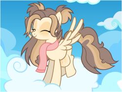 caramel_puff_(mlp) closed_eyes clothes cloud crotchboob_freckles crotchboobs female flashequestria freckles happy long_mane long_tail my_little_pony nipples nude oc oc_only pegasus pony scarf show_accurate smiling solo solo_female spread_wings wings