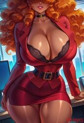 ai_generated bare_thighs bra_visible_through_clothes cartoon_network gigantic_breasts hair_over_eyes huge_breasts huge_thighs kosmos1s long_hair massive_breasts mature_female milf office_lady orange_hair powerpuff_girls sara_bellum smiling solo_female squatting sweat sweatdrop tan-skinned_female tan_body tanned_female tanned_skin thick_body thick_female thick_thighs thighs very_long_hair voluptuous voluptuous_female