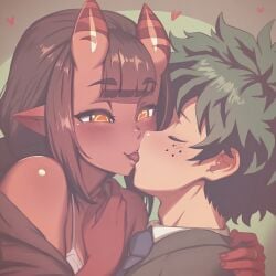 1boy 1boy1girl 1girls ai_generated blush boku_no_hero_academia closed_eyes couple couple_(romantic) demon_girl dreson happy heterosexual izuku_midoriya kissing love male/female meru_(merunyaa) my_hero_academia no_sex novelai straight tongue