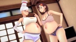 2girls 3d 3d_(artwork) angry_face ayase_momo ayase_seiko bloated_belly brown_hair choker dandadan earrings eyeglasses glasses grandmother hotpants koikatsu_(medium) lollipop older_female pregnancy pregnant pregnant_belly pregnant_female red_eyes round_belly shirt white_hair young_female