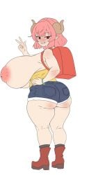 1girls big_breasts gigantic_breasts ilulu_(dragon_maid) jean_shorts looking_at_viewer looking_back miss_kobayashi's_dragon_maid mumutamu0326 peace_sign pink_hair red_eyes shorts sketch smug tagme thick_breasts thick_thighs voluptuous