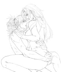 1boy1girl ass ass_grab big_ass big_breasts black_and_white embrace female finger_in_mouth jujutsu_kaisen kashimo_hajime open_mouth romantic sitting_on_person sketch straight sweat yuki_tsukumo