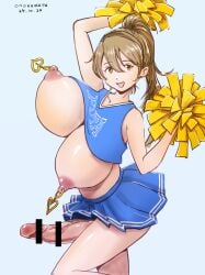 brown_hair cheerleader cheerleader_uniform futanari huge_breasts nipple_rings onokanata pom_poms ponytail smile