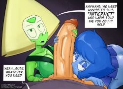 1boy 2girls ass balls big_ass big_breasts big_penis blue_hair blue_skin breasts bubble_butt busty dialogue double_handjob fat_ass female ffm_threesome gem_(species) green_skin handjob human lapis_lazuli_(steven_universe) large_ass large_breasts lars_barriga male male_pov no_panties penis peridot_(steven_universe) pov precum spakka5 steven_universe sucking_testicles text thick_ass thick_thighs threesome wide_hips