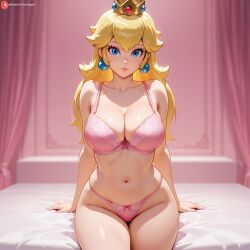 accessories ai_generated blonde_hair blue_earrings blue_eye blue_eyes bra crown large_breasts large_hips large_thighs long_hair msjiggly nintendo panties pantsu pink_bra pink_panties princess princess_peach ribbon small_waist spread_legs underwear