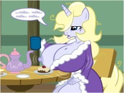 anthro bags_under_eyes big_breasts breast_expansion breasts drinks_are_on_us female flashequestria growth huge_breasts impossibly_large_breasts my_little_pony nipple_slip nipples nude oc oc_only solo solo_female text unicorn vanilla_vodka_(mlp) wardrobe_malfunction