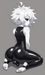 ai_generated ass back_turned black_nails feet femboy latex_bodysuit looking_at_viewer nonyx penis penis_bulge red_eyes sharp_nails shifted_souls soles stirrup_legwear white_body white_hair white_skin