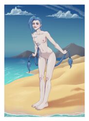 1girls beach blue_hair breasts female jinx_(league_of_legends) kataaoyoc league_of_legends nipples nude pussy small_breasts solo