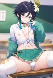 1boy ai_generated androgynous belly blue_hair bulge choker femboy genshin_impact green_eyes midriff miniskirt nipples panty_peek school_uniform schoolboy see-through skirt slutty_clothing spread_legs thighhighs trap twin_braids venti_(genshin_impact)