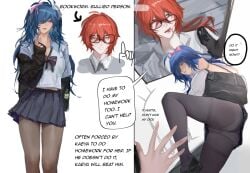 blue_hair diluc_(genshin_impact) english_text gender_transformation genderswap_(mtf) genshin_impact kaeya_(genshin_impact) nerdy_male rule_63 sworn_brothers tan-skinned_female tan_body tan_skin