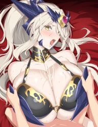 1boy artoria_pendragon_(fate) artoria_pendragon_(lancer_alter)_(fate) bare_shoulders bikini black_bikini blonde_hair blush boy_on_top braid breasts censored cleavage collarbone cum cum_on_body cum_on_breasts ejaculation fate/grand_order fate_(series) female forehead_jewel gold_trim highres horns huge_breasts kloah long_hair looking_at_viewer lying on_back open_mouth paizuri penis ponytail sidelocks straddling_paizuri straight swimsuit yellow_eyes