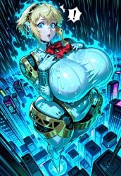 absurd_res absurdres aegis_(persona) ai_assisted ai_generated aigis_(persona) armband atlus big_breasts blonde_female blonde_hair blonde_hair_female blue_eyes casting_spell city cityscape civitai collar giant_woman giantess glowing_eyes grabbing_own_breast hands_on_breasts headband headwear high hourglass_figure huge_breasts humanoid_robot looking_at_viewer magic megami_tensei neon neon_lights nsfw persona persona_3 purple ribbon robot robot_girl shin_megami_tensei short_hair tall_female thick_thighs tinted_eyewear trim video_game_character video_games wide_hips