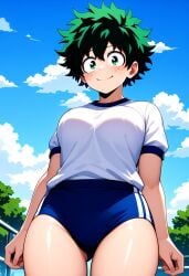 ai_generated blue_pants female_deku freckles green_eyes green_hair izuku_midoriya light_skin my_hero_academia smile sports_uniform white_shirt white_skin アヒル隊長