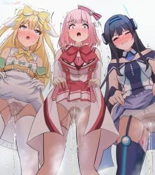 3girls black_hair blonde_hair blue_thighhighs bow bow_panties breasts closed_eyes clothes_lift commentary_request commission constricted_pupils dress dress_lift egg_vibrator fujisawa_yuzu garter_straps green_eyes highres hoshizaki_akari large_breasts lifting_own_clothes long_hair michinoku_(michino934) misumi_aoi multiple_girls ongeki panties peeing peeing_self pink_eyes pink_hair rolling_eyes sex_toy short_hair simple_background skeb_commission small_breasts textless_version thighhighs underwear urine variant_set vibrator vibrator_in_thigh_strap vibrator_in_thighhighs vibrator_under_clothes vibrator_under_panties white_background white_panties white_thighhighs