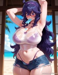 @_@ ahoge ai_generated alternate_breast_size armpits balecxi beach blush cleavage day denim denim_shorts female food food_in_mouth hex_maniac hex_maniac_(pokemon) huge_breasts long_hair mouth_hold navel ocean open_fly outdoors pokemon pokemon_xy popsicle purple_bikini purple_eyes purple_hair purple_hairband short_shorts solo swimsuit thick_thighs wet