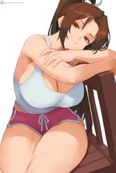 1girls bare_thighs booty_shorts breasts brown_eyes brown_hair busty chair cleavage fatal_fury female female_only large_breasts looking_at_viewer mai_shiranui ponytail shorts sideboob sitting smile snk solo street_fighter street_fighter_6 tank_top thick thick_thighs thighs video_game_character zelc-face