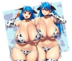 2girls absurdres animal_ears animal_print bell bikini blue_hair breasts cow_ears cow_horns cow_print cow_print_bikini cowbell erkaz fake_animal_ears fake_horns gigantic_breasts highres horns long_hair looking_at_viewer mature_female mother_and_daughter multiple_girls navel open_mouth original print_bikini red_eyes rina's_mother_(erkaz) rina_atherina short_hair smile swimsuit thighhighs v