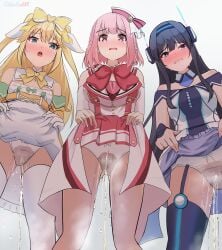 3girls black_hair blonde_hair blue_thighhighs bow bow_panties breasts clothes_lift commentary_request commission dress dress_lift fujisawa_yuzu garter_straps green_eyes highres hoshizaki_akari large_breasts lifting_own_clothes long_hair looking_at_viewer michinoku_(michino934) misumi_aoi multiple_girls ongeki panties peeing peeing_self peeing_together pink_eyes pink_hair purple_eyes short_hair simple_background skeb_commission small_breasts textless_version thighhighs underwear urine variant_set white_background white_panties white_thighhighs