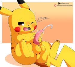 anus balls blush bodily_fluids border cloudeon cum cumshot ejaculation feral fur generation_1_pokemon genital_fluids genitals gradient_background hi_res male male_feral masturbation nintendo one_eye_closed outside_border penile penile_masturbation penis perineum pikachu pokemon pokemon_(species) simple_background solo tapering_penis white_border yellow_body yellow_fur