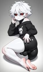 ai_generated ass black_nails clothed feet femboy juicy_butt nonyx penis_bulge red_eyes shifted_souls soles toes white_body white_hair white_skin