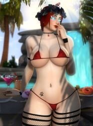 3d big_breasts bikini blizzard_entertainment blue_eyes death_knight eluneylewds human human_(world_of_warcraft) light-skinned_female light_skin micro_bikini paw_tattoo pinup pussy red_hair red_lipstick solo stockings tattoo thick_thighs vanessa_goonette voluptuous voluptuous_female wide_hips world_of_warcraft