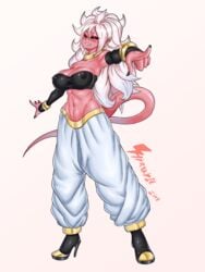 1girls 2010s android_21 black_sclera breasts clothed dark_persona dragon_ball dragon_ball_fighterz female female_only full_body fully_clothed harem_outfit hirakiart humanoid large_breasts long_hair majin majin_android_21 monster_girl nipple_bulge pants perky_breasts pink_skin pointing pointy_ears red_eyes smile solo standing tail white_hair